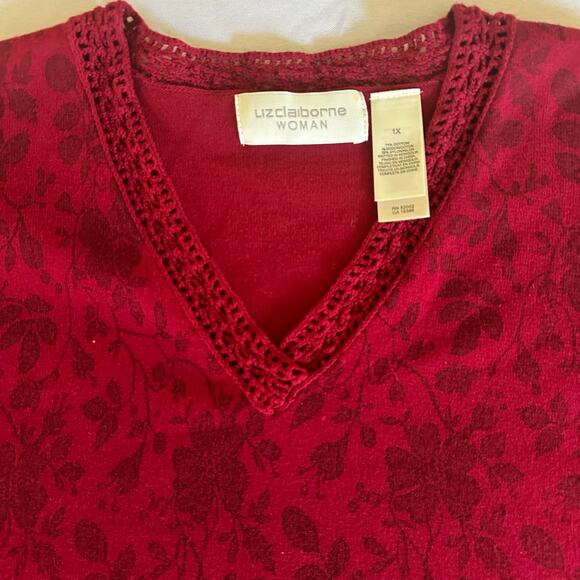 Liz Claiborne Women 1X  Red Botanical print 3/4 sleeve knit top - Picture 3 of 9
